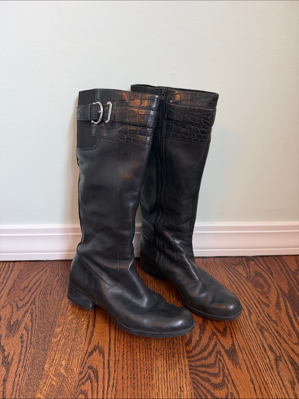 Naturalizer Women's Black Leather Knee-High Boots with Croc-Trim and Buckle